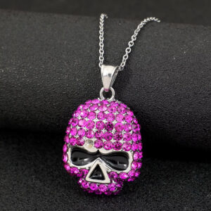 Stainless Steel Magenta Crystal Skull Necklace