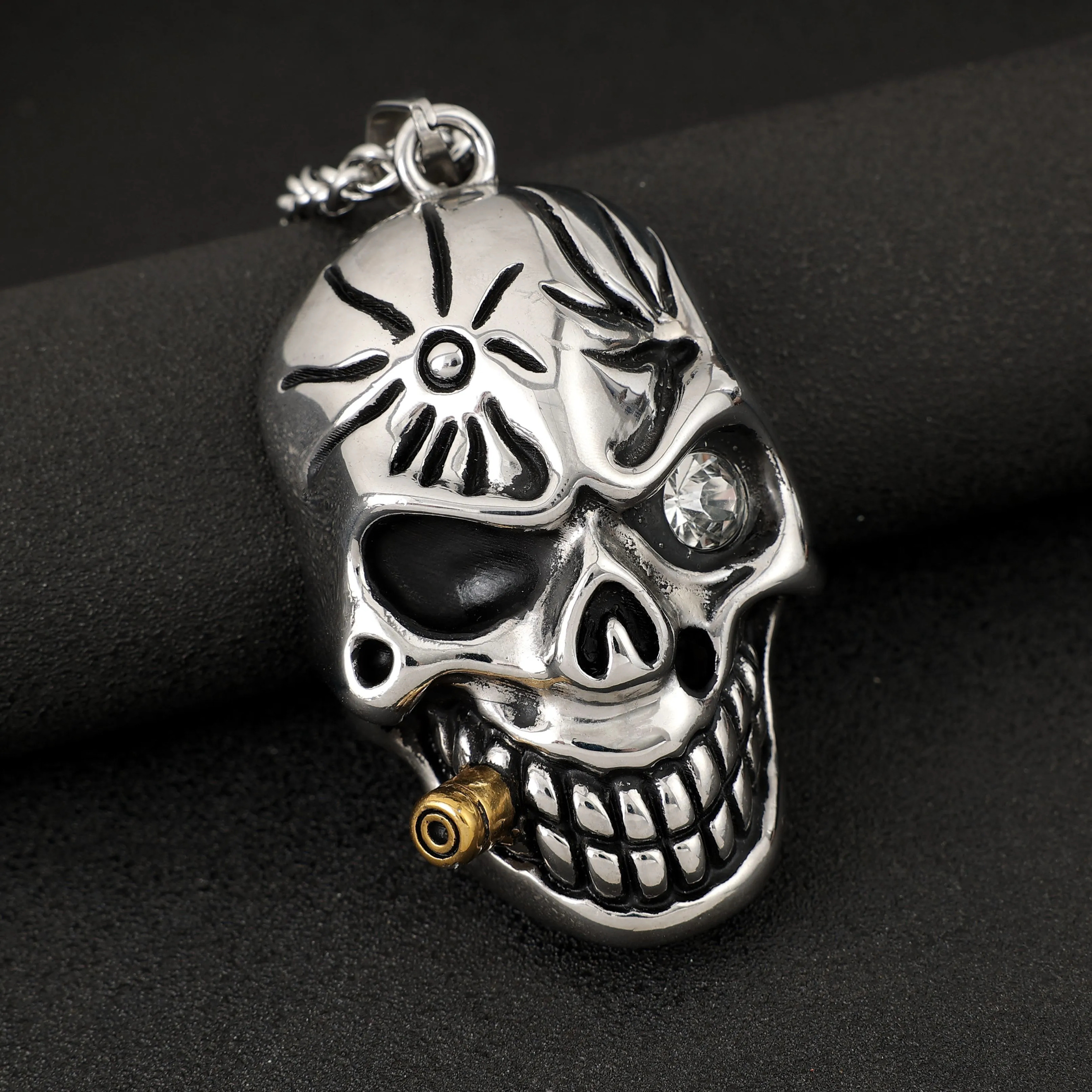 Extra Large Heavy Skull Stainless Steel Bullet Pendant