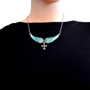 Stainless Steel Crystal Wing Green Turquoise  Cross Necklace