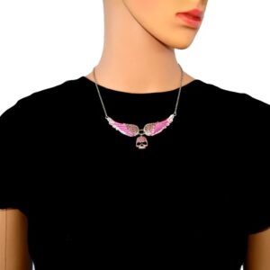 Stainless Steel Crystal Wing Pink Skull  Necklace