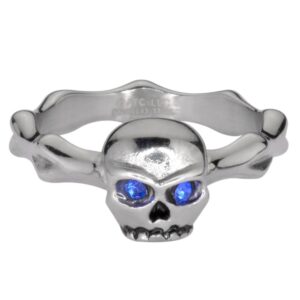 Stainless Steel Skull Blue Eyed Bones Ring