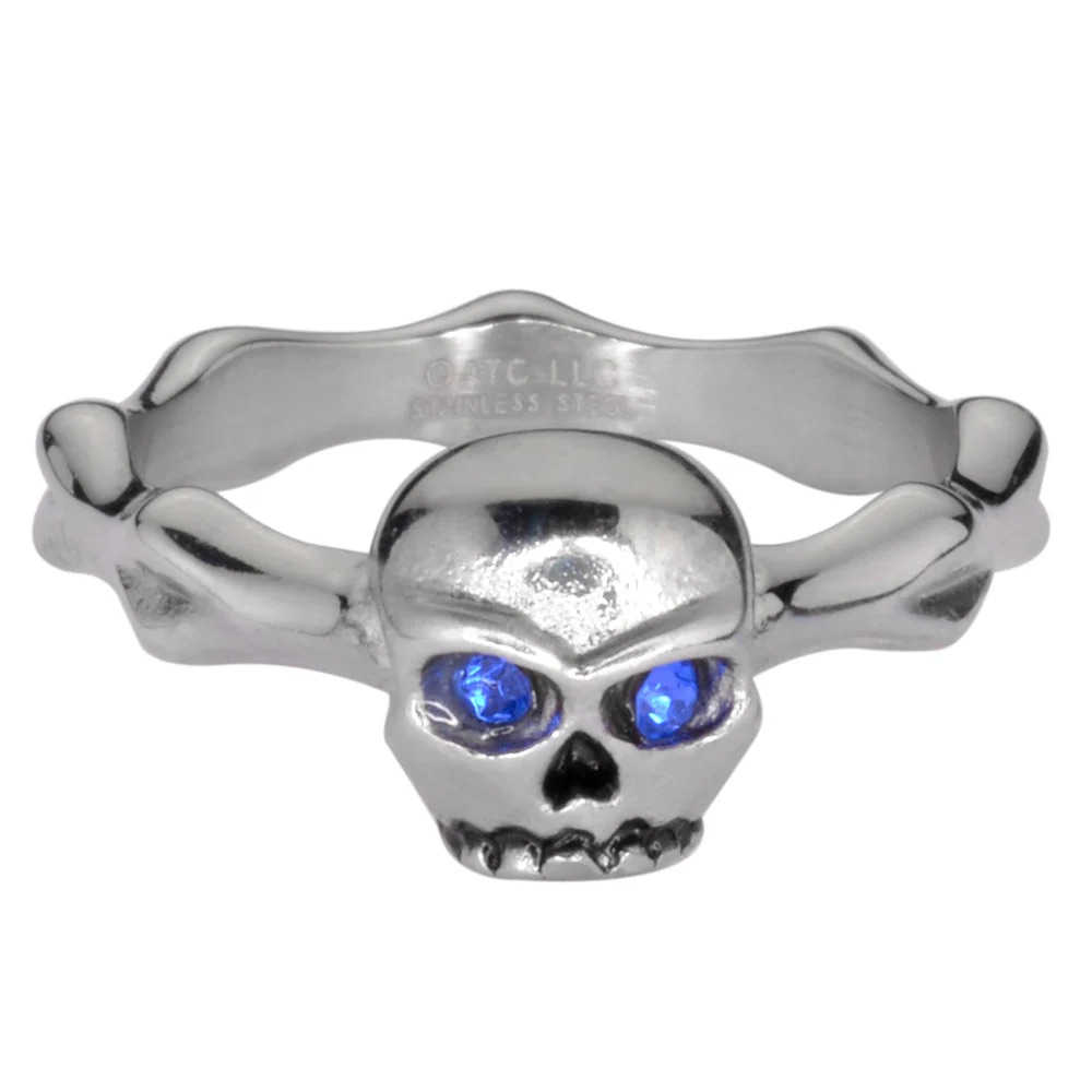 Stainless Steel Skull Blue Eyed Bones Ring