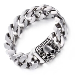 Stainless Steel Silver Cuban Skull Bracelet